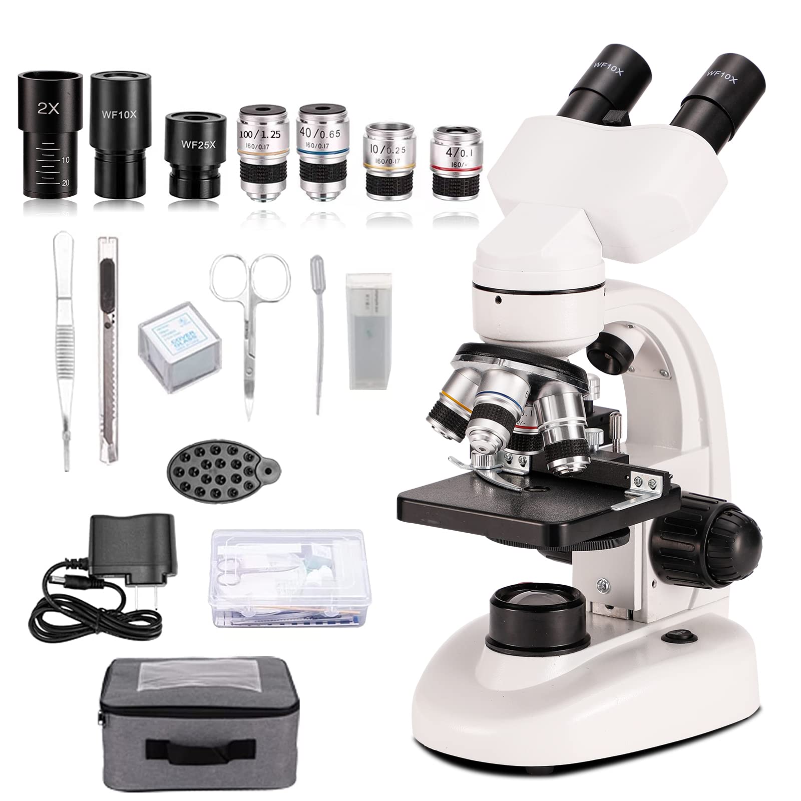 Microscopes for Adults, Dual LED Illumination & Two-Layer Mechanical Stage、Biological Microscope for Adults & Students, Includes Phone Holder & Prepared Microscope Slides