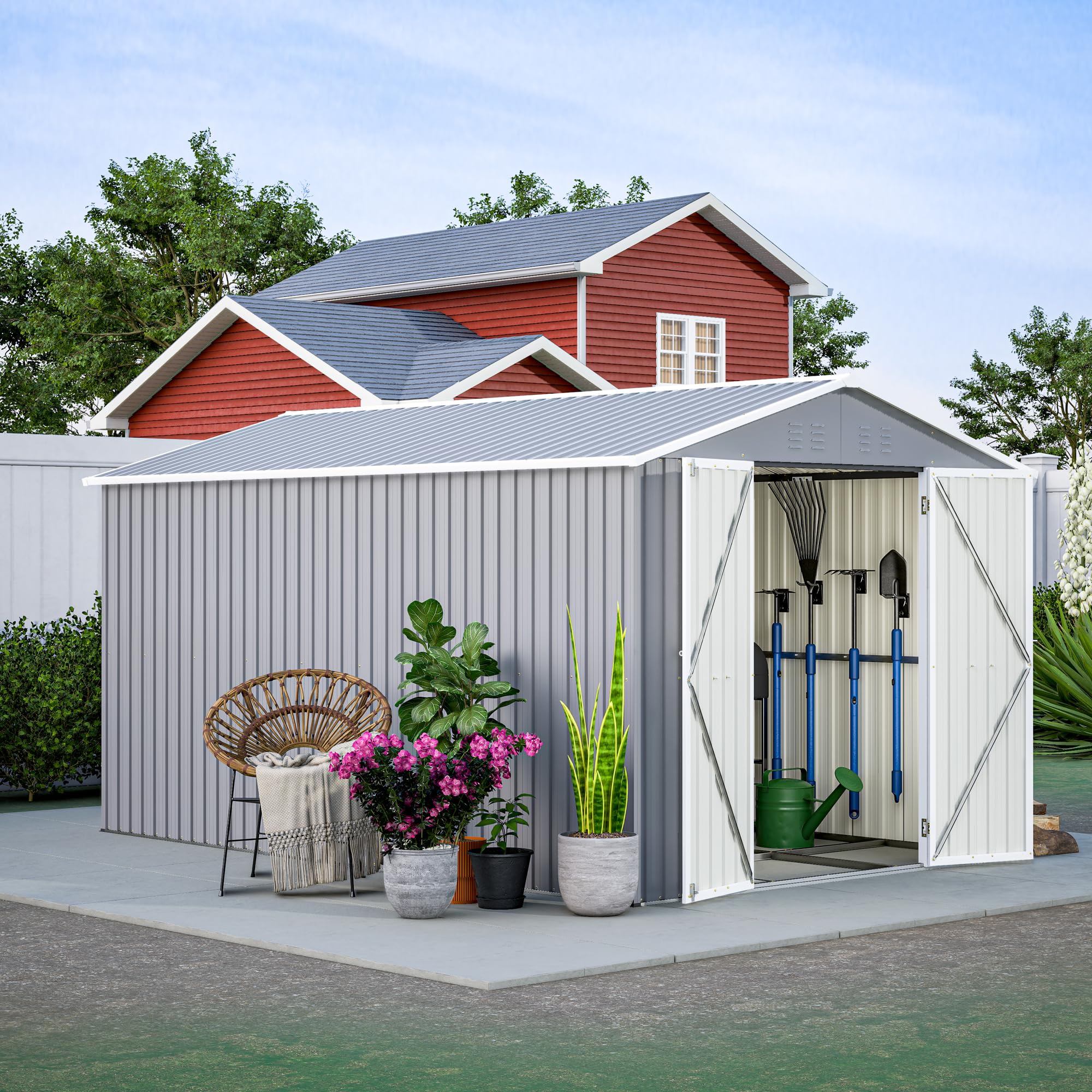 10x8 FT Sheds &amp; Outdoor Storage, Sturdy Metal Galvanized Steel Garden Storage Shed W/Lockable Sliding Doors, Air Vents, Waterproof Spacious Utility Tool Storage Bike Shed for Patio, Lawn