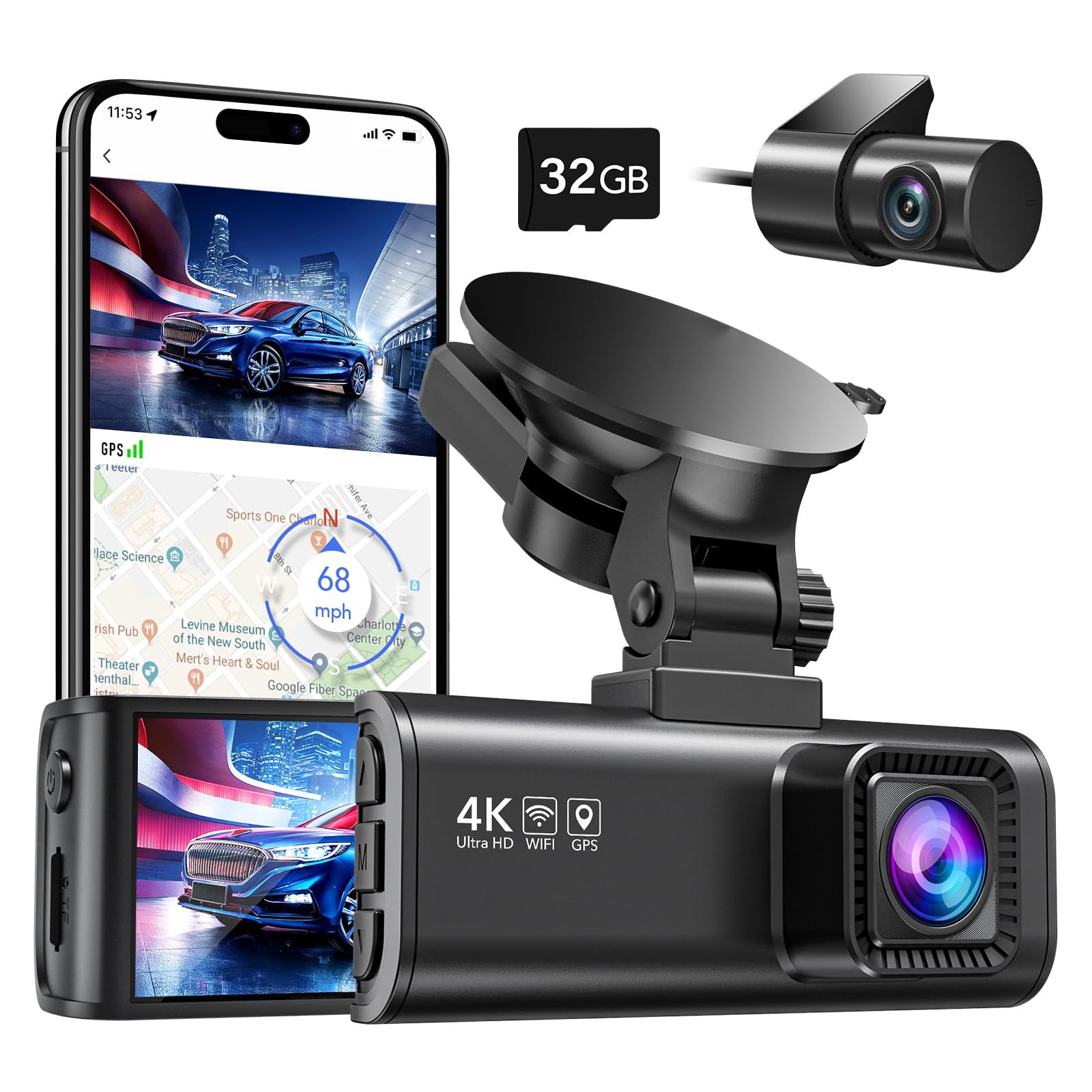 Dash Cam Front Rear, 4K/2.5K Full HD Dash Camera for Cars, Free 32GB