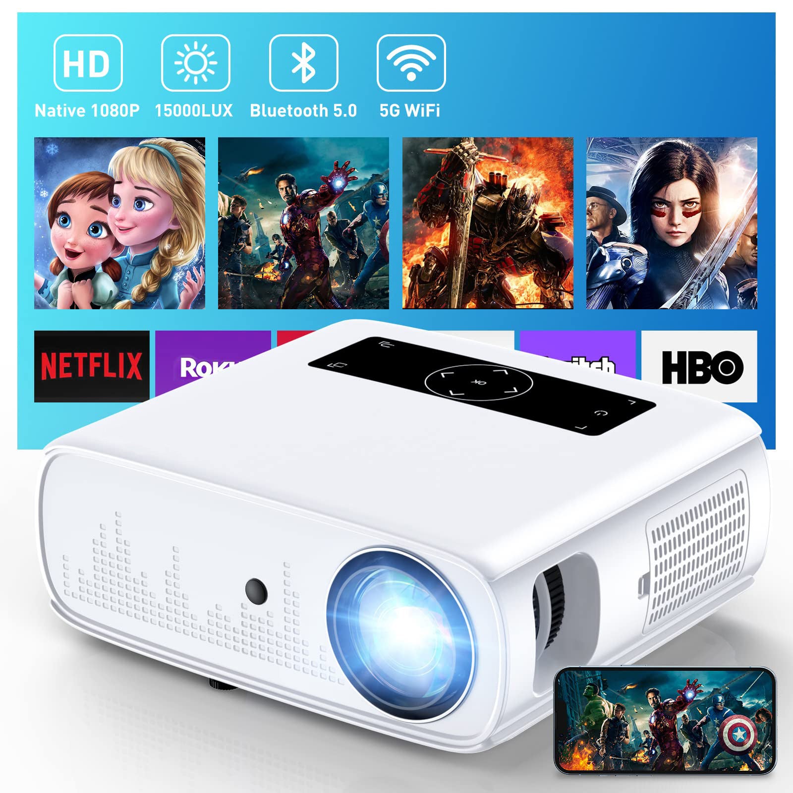 15000lux 490ANSI Native 1080P WiFi Bluetooth Projector
