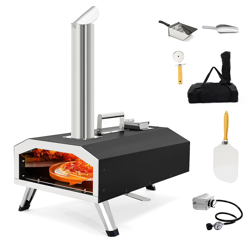 Outdoor Pizza Oven, 12'' Multi-Fuel Pizza Ovens with Rotating Stone, Portable Wood & Gas Fired Pizza Oven