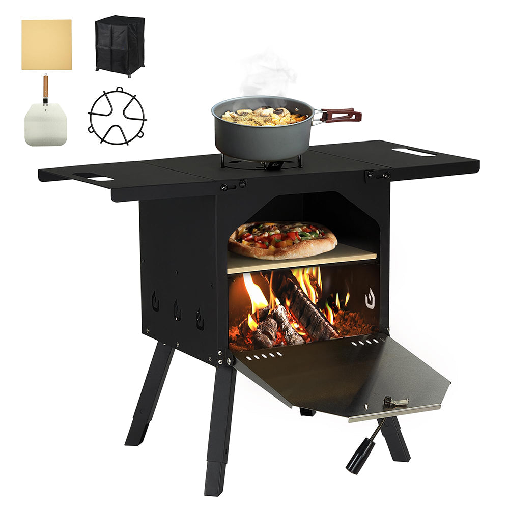 Outdoor Pizza Oven Wood Fired 2-Layer Pizza Ovens Include Pot Holder for Warming Food, Pizza Stone, Pizza Peel, Cover, Foldable Shelves & Adjustable Legs, Pellet Oven for Party Camping